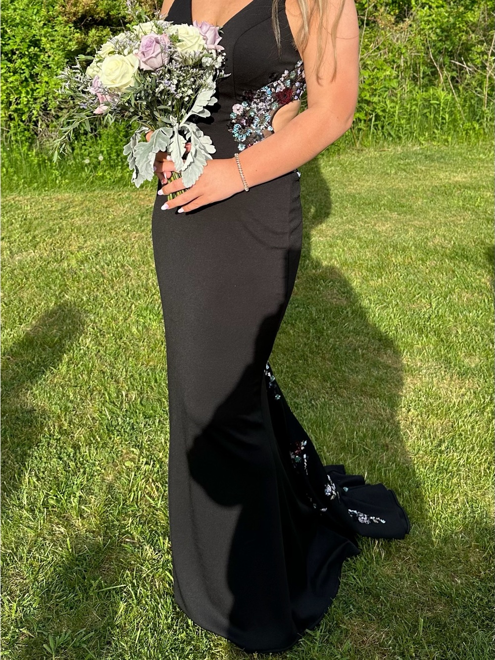 Faviana Black Embellished Cutout Prom Gown